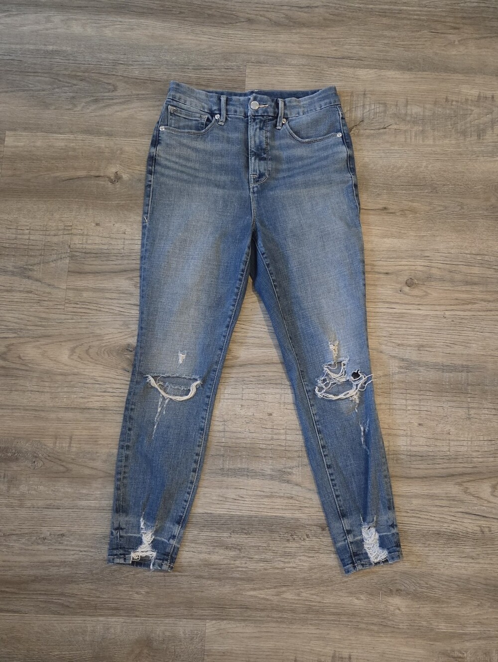 Good American Good Waist High-Rise Distressed Skinny Crop Jeans - Blue, 6 / 28